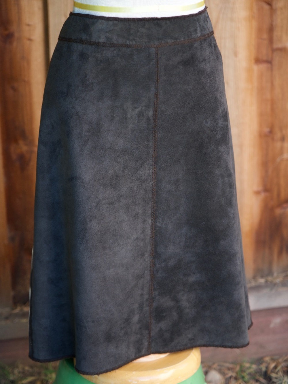 Handmade 100% Leather Suede Chocolate Brown Patchwork Midi Skirt Woman's 8